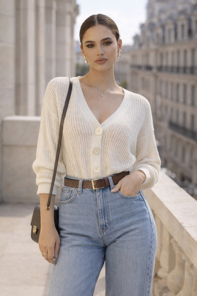 Akasha Design Örgü v yaka düğmeli crop hırka