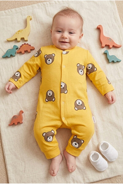 Yumak Bebek Ürünleri %100 Organik Pamuk Ayı Baskılı Bebek Tulumu – Çıtçıtlı U...
