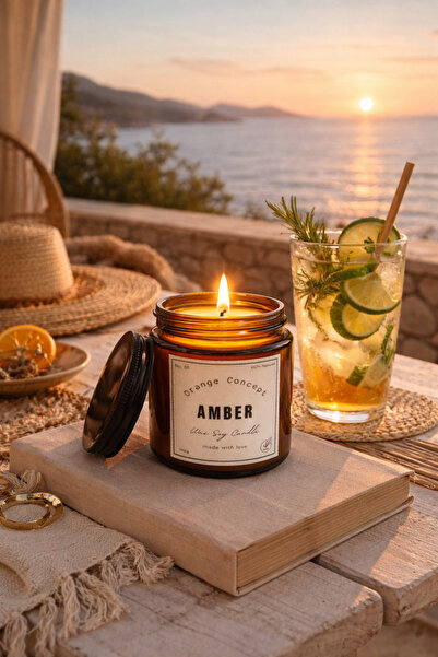 ORANGE CONCEPT Amber Kokulu Mum - %100 Doğal Soya Mumu - Metal Kapaklı Cam Ka...