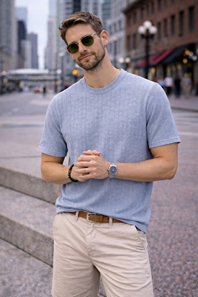 Maccali Men's Casual Patterned Premium Summer Blue Linen T-Shirt