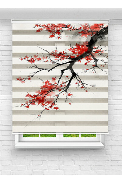 evana home Kırmızı Yapraklı Ağaç Desenli Baskılı Zebra Stor Perde – Modern De...