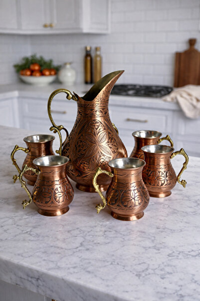 teberrik dükkan El İşlemeli Bakır Sürahi ve Bardak Seti