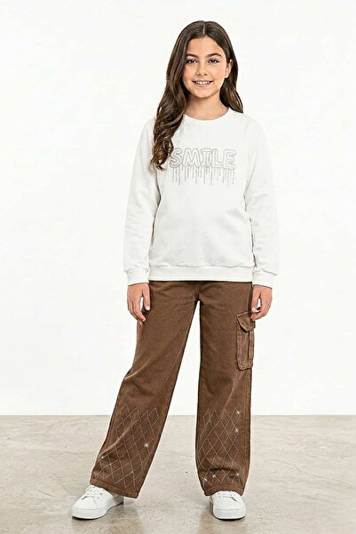 zubi kids Koçero Brown Stone Washed Denim White Sweatshirt (9-12 Years)