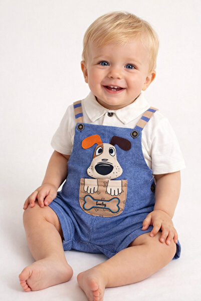İZYALİF BABY Baby Boy Animal Figured Sloped Jumpsuit 2-Piece Set Linen Fabric...