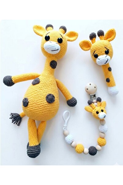 MİNOHOUSE Amigurumi Zürafa Uyku Arkadaşı Emzik Zinciri Çıngırak Set