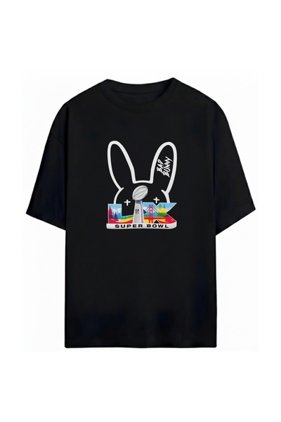 SVART WEAR تي شيرت Bad Bunny مطبوع للجنسين مقاس كبير 100% مكون من قطن قطع