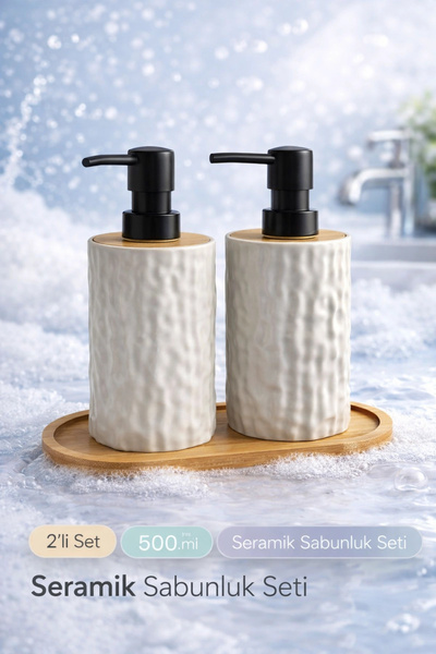 2’li Bambu Detaylı Sıvı Sabunluk Seti 500 ml Hands Dishes Mutfak Banyo Taş Figürlü Bambu Stantlı Set