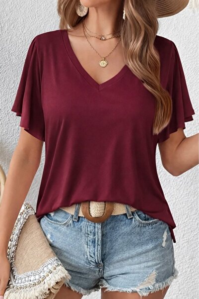 HYEM Bluză de damă cu mânecă scurtă și decolteu în V viscoză