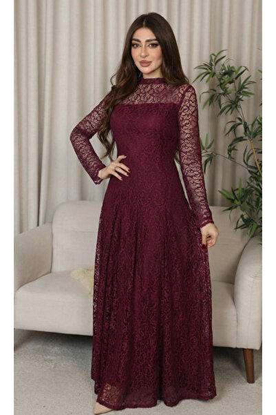 Nice Model Elegant Burgundy Lace Evening Dress Modest High Neck Long Sleeve A...