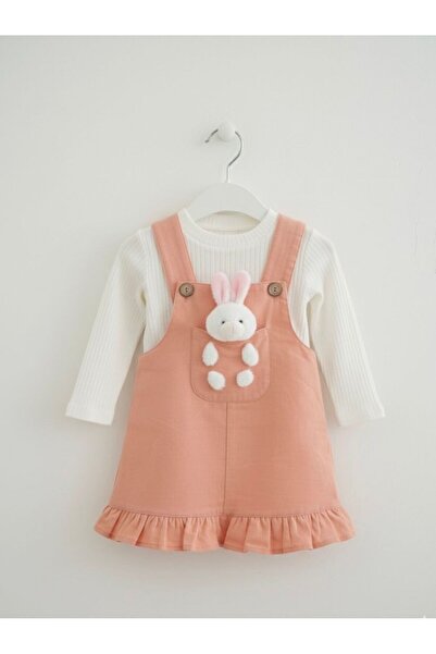 Egelite Kız Bebek Tavşancık Aksesuarlı, Keten Salopet Elbise ve Badili, 2 li,...
