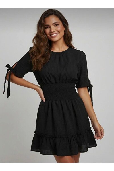 Femaura Elbise - FM0105 Model Belden Lastikli Kolları Bağlama Detaylı Mini El...