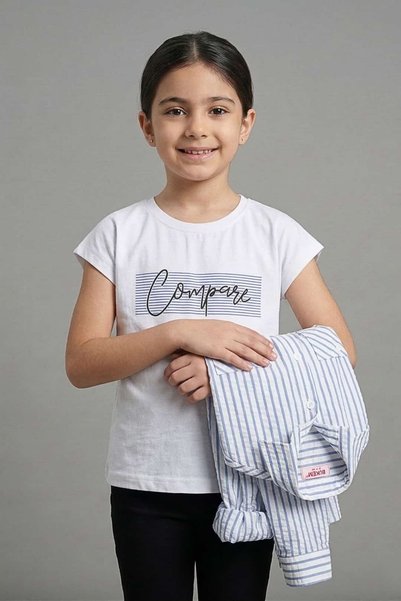 zubi kids Bukem Girls' Blue Striped White Shirt Compare Written T-Shirt Set (5-10 Years)