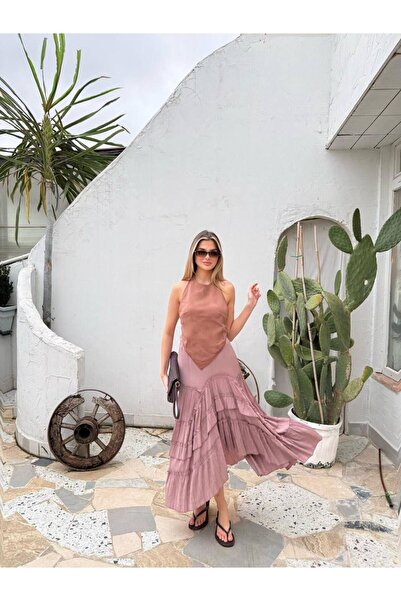 Butic Lined Asymmetric Cut Maxi Length Skirt Suitable for Tesettüre