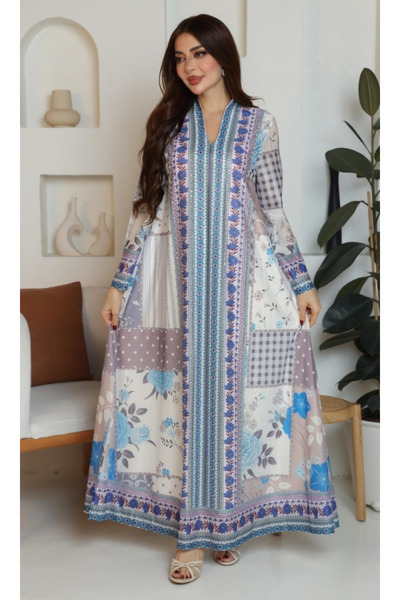 TREN Sophisticated Blue Patterned Jalabiya Soft Fabric Long Dress For Ladies ...