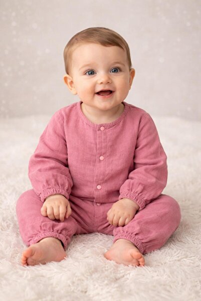 Vauva Müslin Mevsimlik Çıtçıtlı %100 Pamuk Pembe Kız Tulum