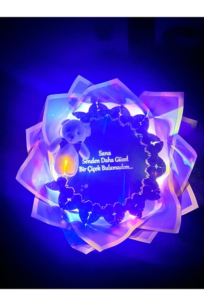 exzone Led Işıklı Ayıcıklı Aynalı Mor Kelebek Buketi Sana Senden Daha Güzel Bir Çiçek Bulamadım Ayna Buket