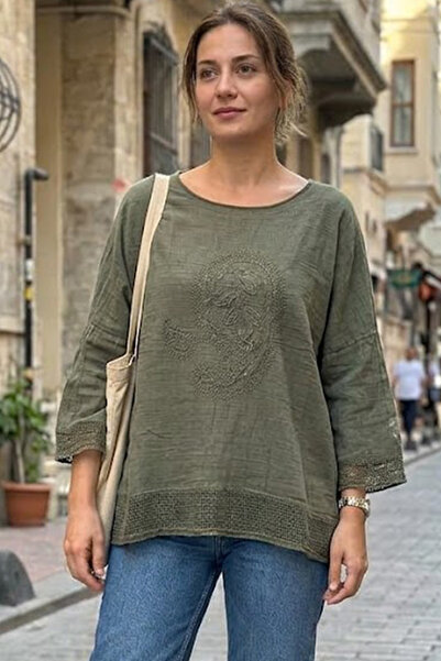 AYASOFYA OTANTIK Bluză de damă kaki cu broderie cu paiete, cu detalii din pla...