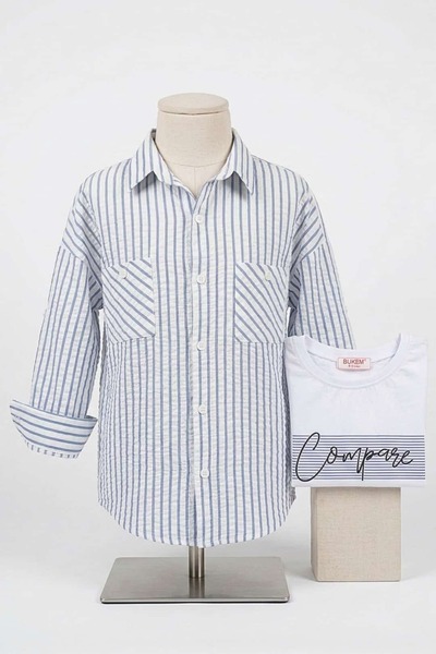 zubi kids Bukem Girls' Blue Striped White Shirt Compare Written T-Shirt Set (5-10 Years)