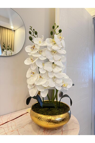 Acarya Design Dekoratif Beyaz Orkide Aranjmanı – Altın Saksıda Yapay Orkide