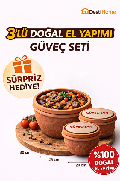 DestiHome Doğal Elyapımı Fırınlanmış Güveç Seti 3'lü