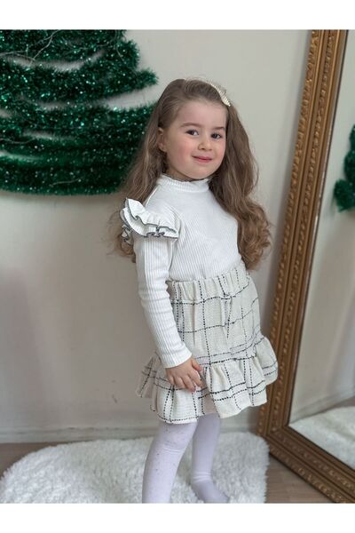 MeaShop Girl's Ruffled Sleeve Bodysuit and Tweed Skirt Top and Bottom Set