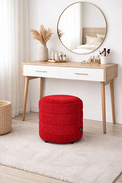 MİBİ LUXARY Kırmızı Yuvarlak Puf Koltuk Dekoratif Oturma Pufu Kumaş Tabure Mo...