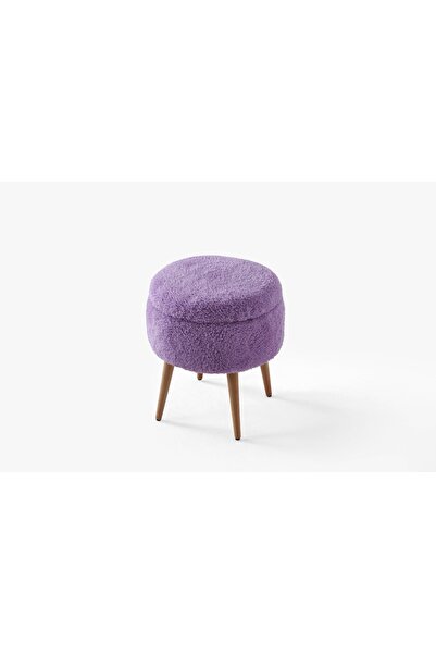 MİBİ LUXARY Mor Bukle Kumaş Sandıklı Puf Tabure Ahşap Ayaklı Depolama Pufu