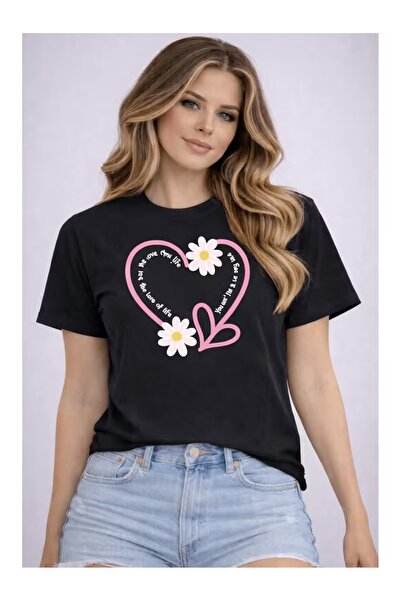 LOTS MODA Βασικό T-Shirt με λεπτομέρεια εκτύπωσης καρδιάς και μαργαρίτας