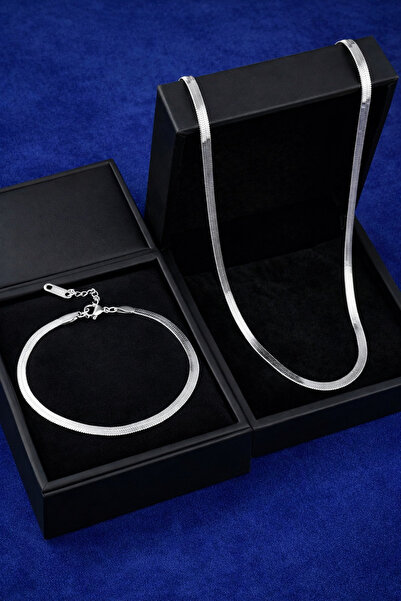 CAXBERN طقم سلسلة وقلادة إيطالية مسطحة للجنسين من الفولاذ المقاوم للصدأ والفض...