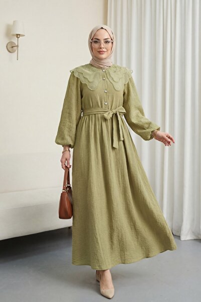 Modamorfo Φόρεμα Organza στρογγυλός γιακάς με Πέτρινα Κουμπιά - Πράσινο Λαδί