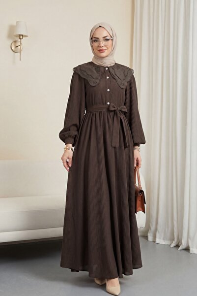 Modamorfo Φόρεμα Organza στρογγυλός γιακάς με Πέτρινα Κουμπιά και Ζάρες -K. Καφέ