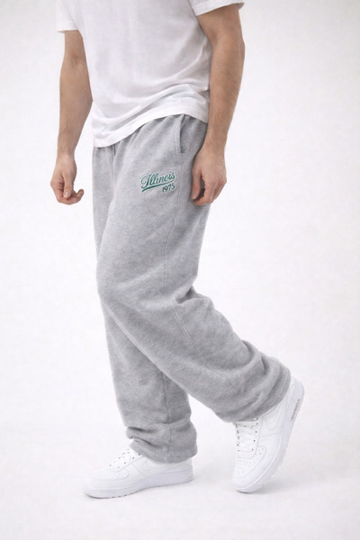 Erkek Oversize %100 Pamuk Gri Baggy Eşofman Altı Nakışlı Rahat Kesim Kumaş Streetwear Günlük Eşofman