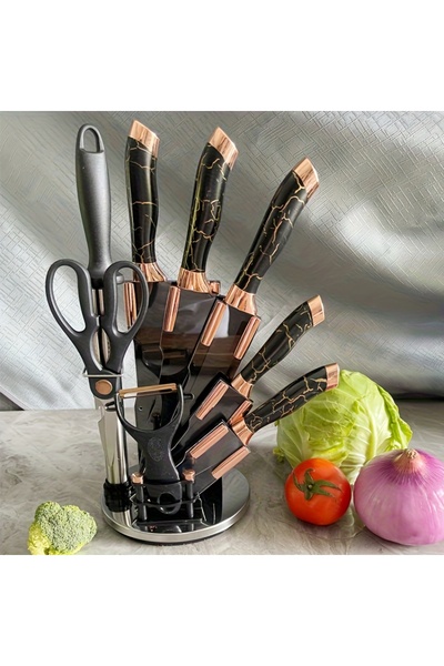 Klyte طقم سكاكين مطبخ مكون من 9 قطع، شفرات سوداء غير لاصقة، مقبض من الرخام ال...