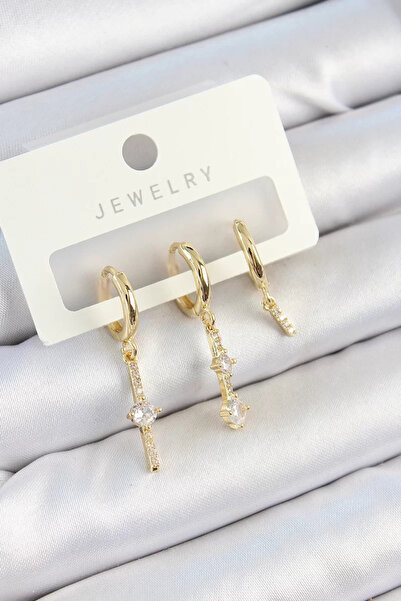 Skygo Brass Zircon Stone Dangle Model Gold Color 3-Piece Double Women's Earri...