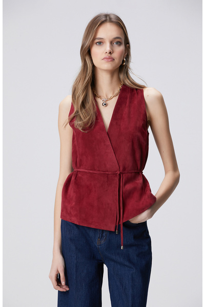 Network Vişne Deri Süet Yelek