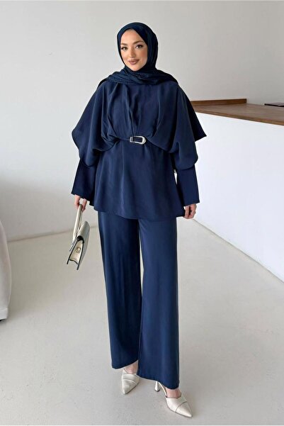 TRENDTESETTÜR KADIN LACİVERT PANTOLONLU KEMERLİ TAKIM T 2032