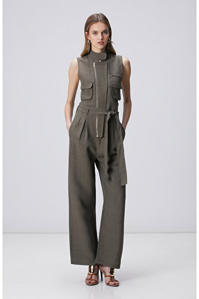 Network Haki Dik Yaka Kolsuz Keten Karışımlı Tulum