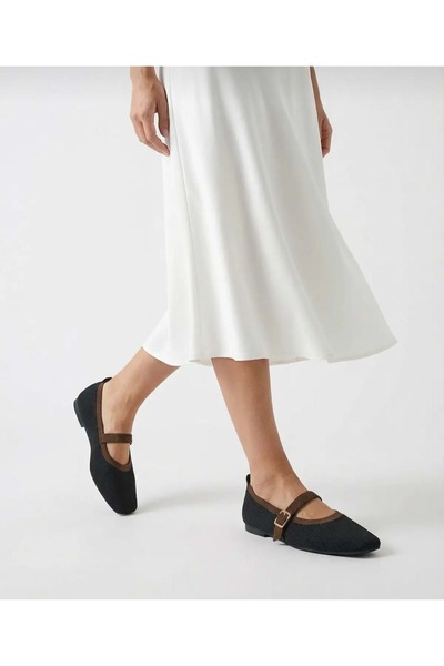 KCMN Feles Belt Buckle Knitwear Blunt Toe Women's Ballet Flats Shoes Black