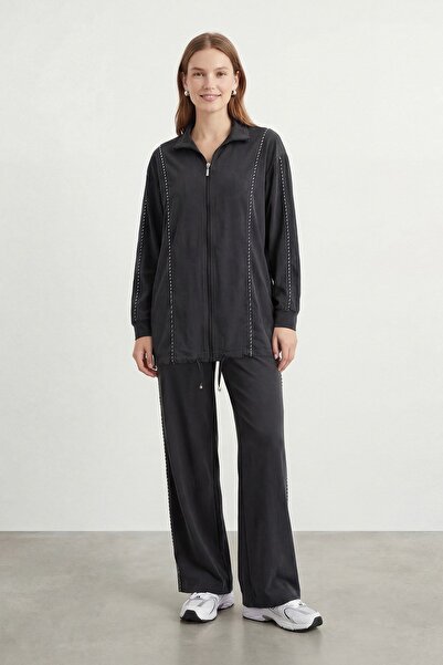 Puane Kadın Dik Yaka Fermuarlı Triko Takım – 14439TKS - BLACK