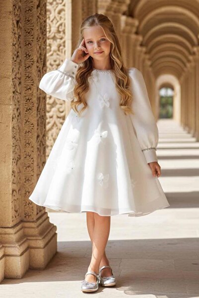 Riccotarz فستان أبيض للفتيات مزين بتفاصيل ثلاثية الأبعاد على شكل نبات البرسيم...