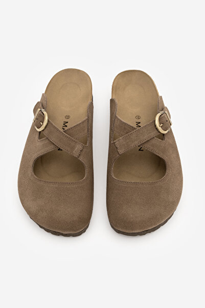 Marjin Kadın Hakiki Deri Önü Kapalı Eva Taban Çapraz Bantlı Günlük Süet Sabo ...