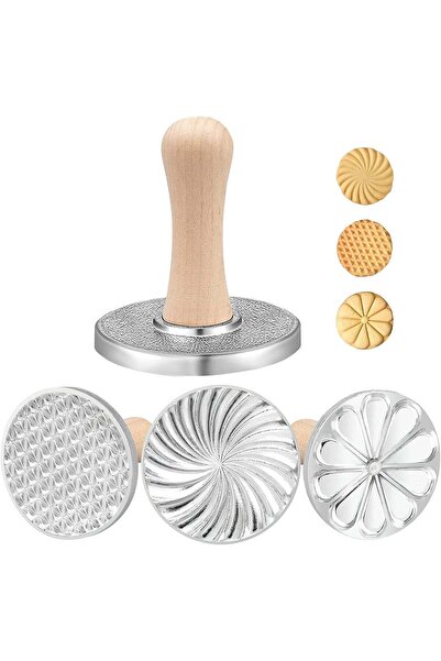 Arabest 3-Piece Metal Cookie Stamp Set with Wooden Handle, 3 Inch Biscuit Pre...