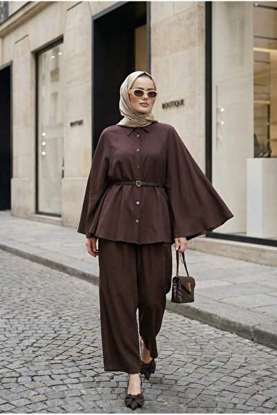 Aselim Hijap Moda طقم حجاب ثلاثي من قماش قماش مودال مكون من حزام قطع - بني فاتح