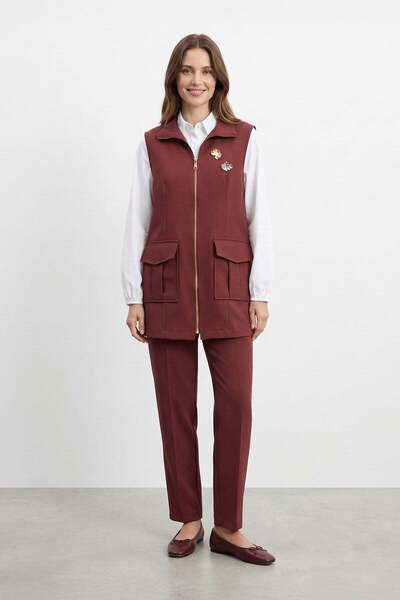 Puane Women's Zippered Cargo Pocket Detailed Vest Pants Set – 14463Tks - Burg...