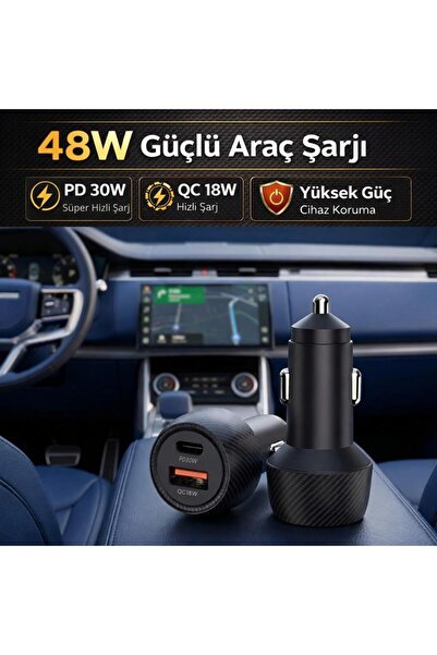 coofbe Şarj Akım Korumalı 48W 2 Portlu Araç Şarj Aleti Araç Çakmaklık Şarj Aleti Type-C Ve USB Giriş