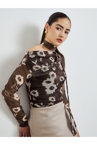 Styli Brown Floral Print Mesh Blouse