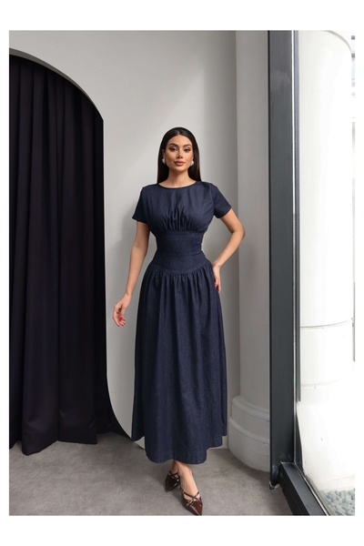 ESRAHELVACI Κοντομάνικο φόρεμα μίντι Τζιν Με πιέτες