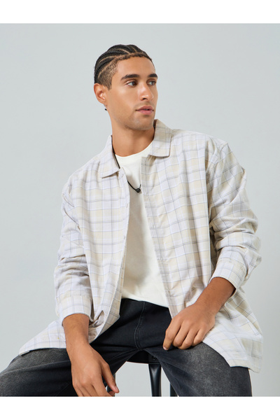 Styli Men Cream Oversized Checked Cotton Shirt