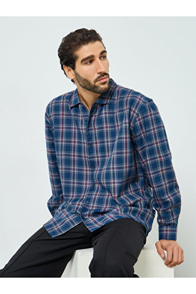 Styli Men Navy Blue Oversized Checked Cotton Shirt