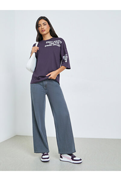 Styli Purple Slogan Print Oversized T-Shirt